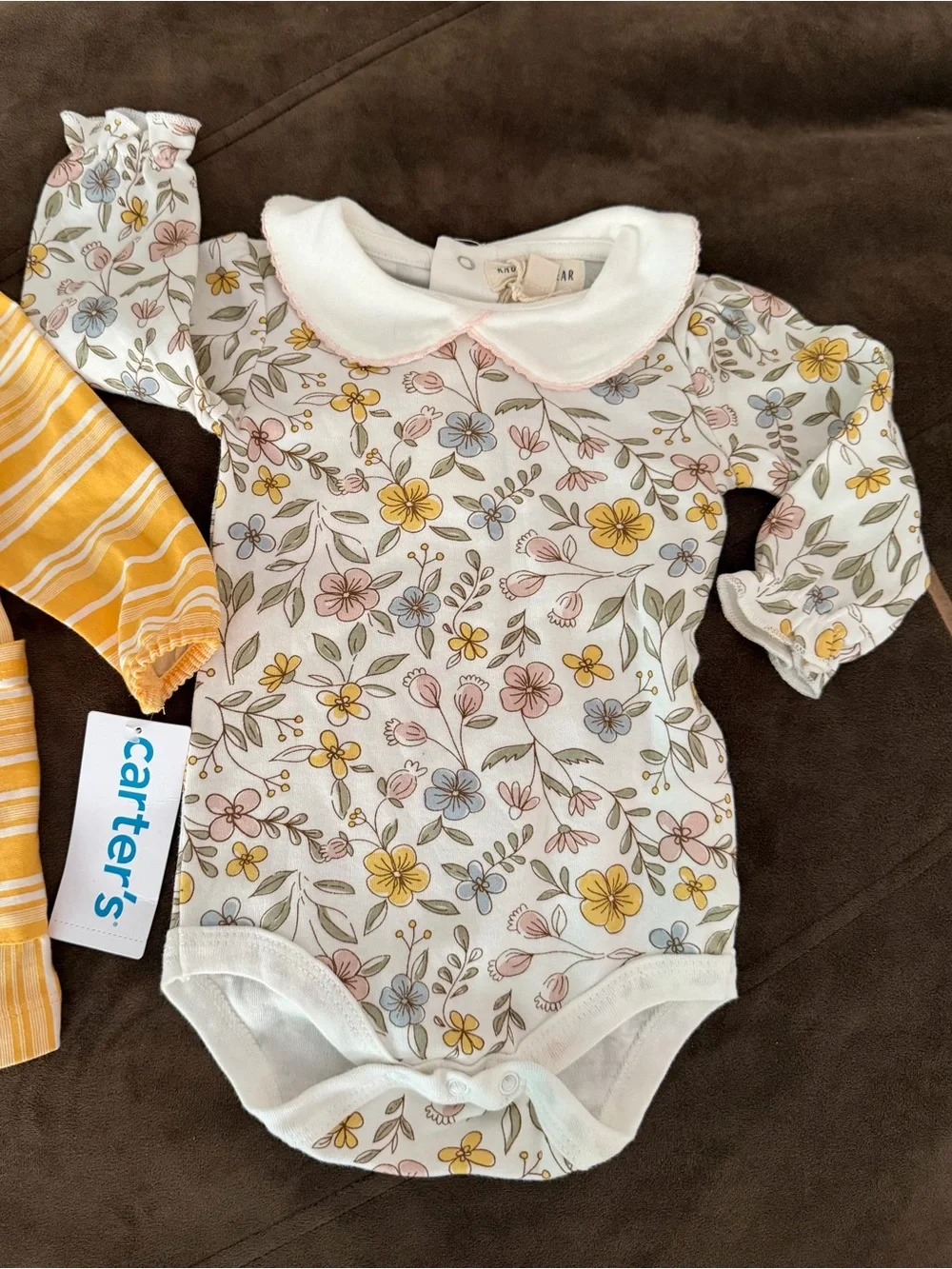 Two pieces Carter’s Yellow Striped Dress AND  Floral Collar Bodysuit